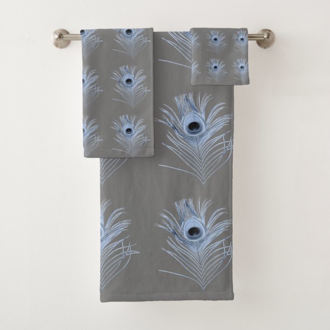 GREY BLUE PEACOCK FEATHERS BATHROOM TOWEL SET (Insitu)