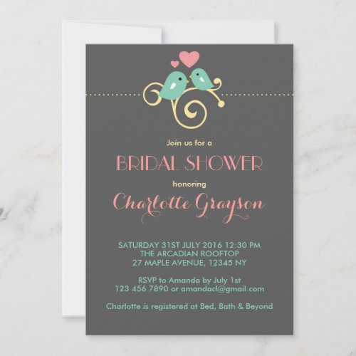 Grey Blue Pink Lovebirds Bridal Shower Invitation