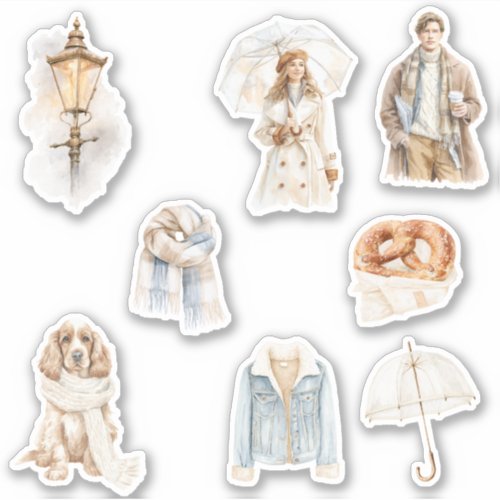 Grey Blue Rainy Day Lantern Dog Umbrella Scarf Sticker