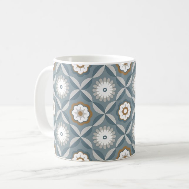 Grey blue retro flowers coffee mug (Front Left)