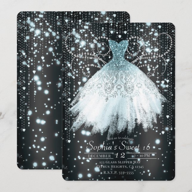 Grey Blue & Silver Glitter Dress Sweet 16 Party Invitation (Front/Back)