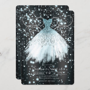 Grey Blue & Silver Glitter Dress Sweet 16 Party Invitation