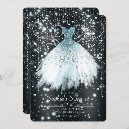 Grey Blue  Silver Glitter Dress Sweet 16 Party Invitation