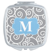 Grey Blue Swirls Monogram Compact Mirror