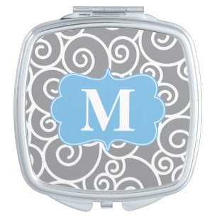 Grey Blue Swirls Monogram Compact Mirror