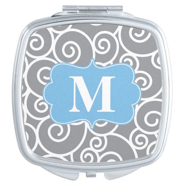 Grey Blue Swirls Monogram Compact Mirror (Front)