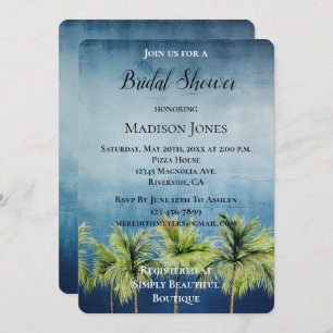 Grey Blue Tropical Palm Trees Bridal Shower Invitation