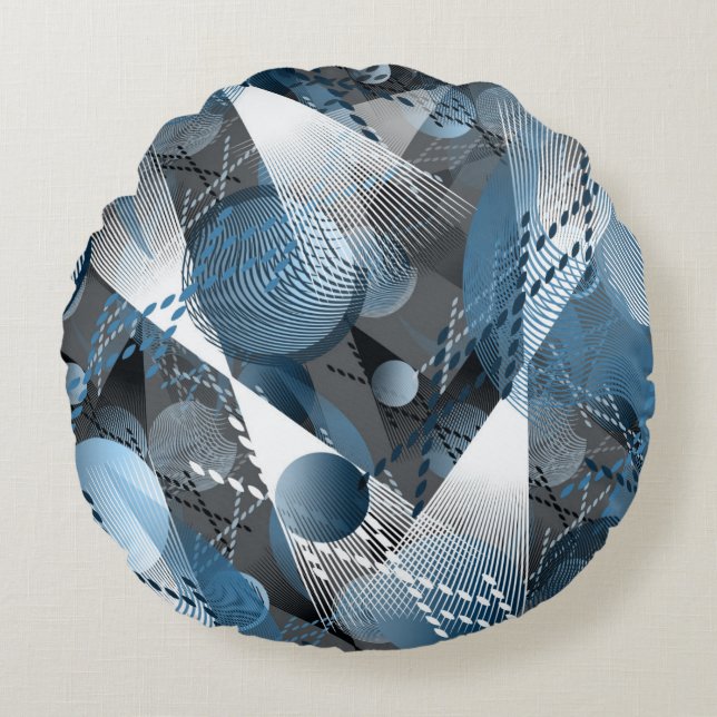 Grey, blue, white abstract pattern. round pillow (Front)