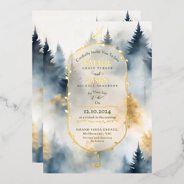 GREY Blue Winter Pine Tree Forest Monogram Wedding Foil Invitation (Front/Back)