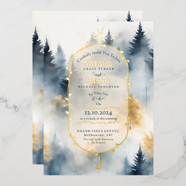 GREY Blue Winter Pine Tree Forest Monogram Wedding Foil Invitation (Front/Back)