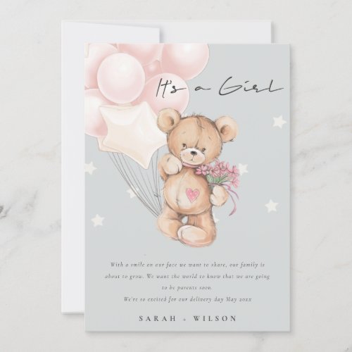 Grey Blush Bear Balloon Baby Announcement Card 