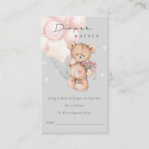 Grey Blush Bear Balloon Diaper Raffle Baby Shower Enclosure Card