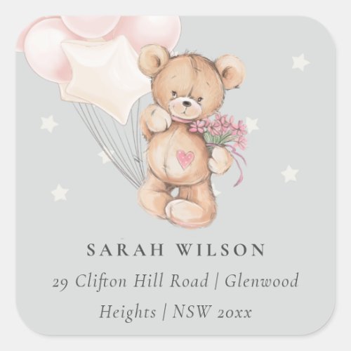 Grey Blush Bear Balloon Floral Bunch Heart Address Square Sticker