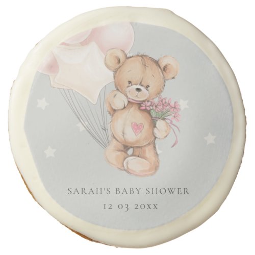 Grey Blush Bear Balloon Heart Floral Baby Shower Sugar Cookie
