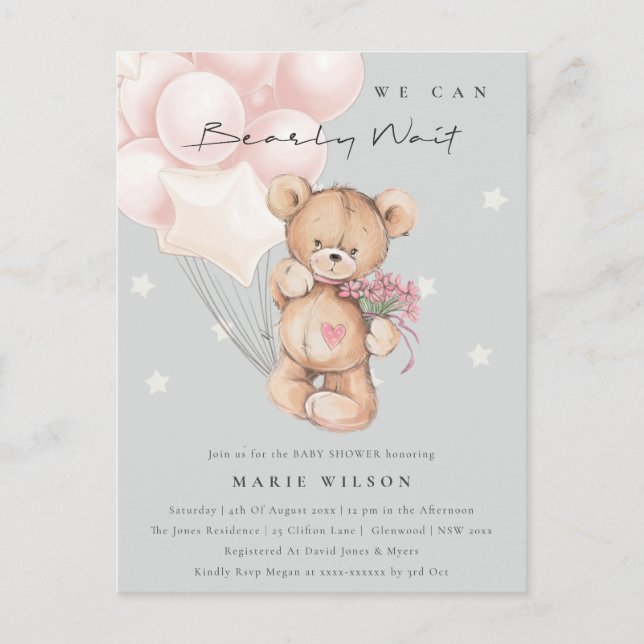 Grey Blush Bear Bearly Wait Balloon Baby Shower Postcard (Front)