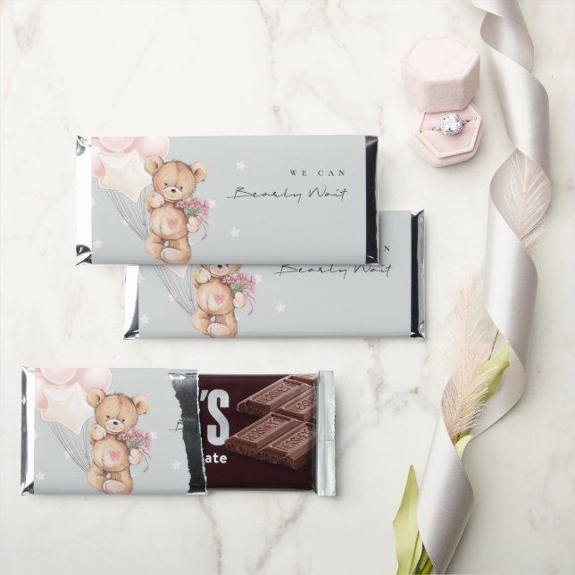 Grey Blush Bearly Wait Bear Balloon Baby Shower Hershey Bar Favors (Front)