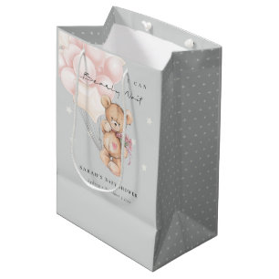Grey Blush Bearly Wait Bear Balloon Baby Shower Medium Gift Bag