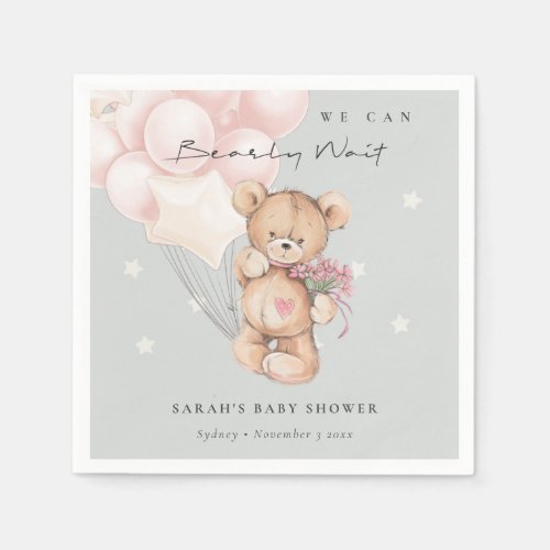 Grey Blush Bearly Wait Bear Balloon Baby Shower Napkins