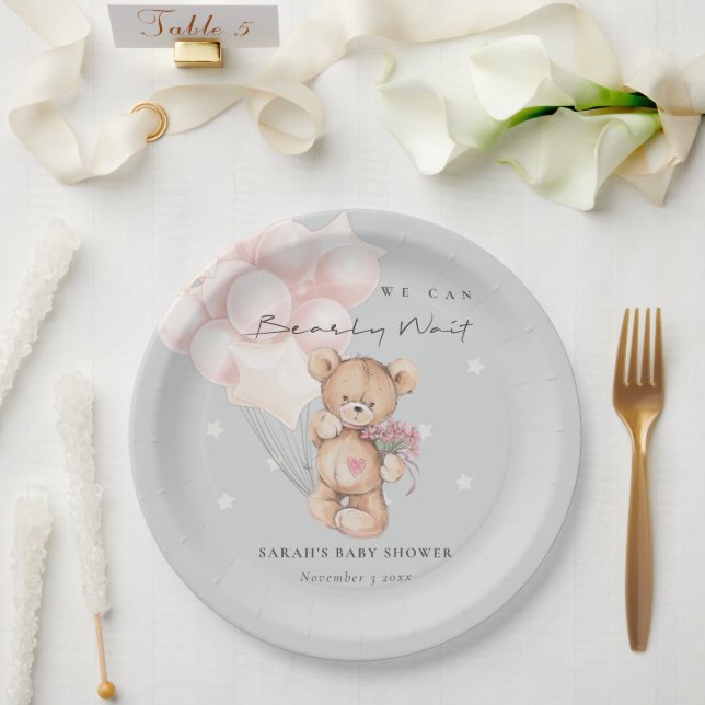 Grey Blush Bearly Wait Bear Balloon Baby Shower Paper Plates (Wedding)