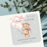 Grey Blush Bearly Wait Bear Balloon Baby Shower Square Sticker<br><div class="desc">For any further customisation or any other matching items,  please feel free to contact me at yellowfebstudio@gmail.com</div>