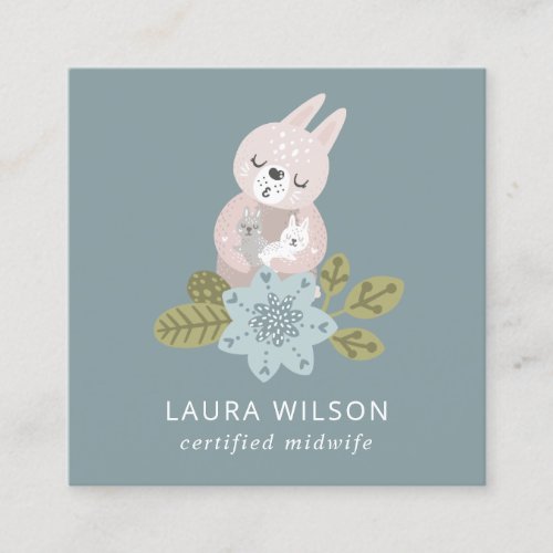 GREY BLUSH BLUE SCANDI FLORAL BEAR BABY MIDWIFE SQUARE BUSINESS CARD