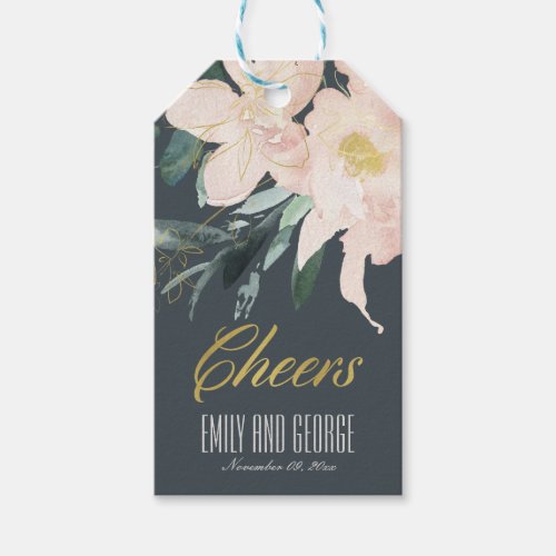 GREY BLUSH FLORAL BUNCH WATERCOLOR WEDDING CHEERS GIFT TAGS