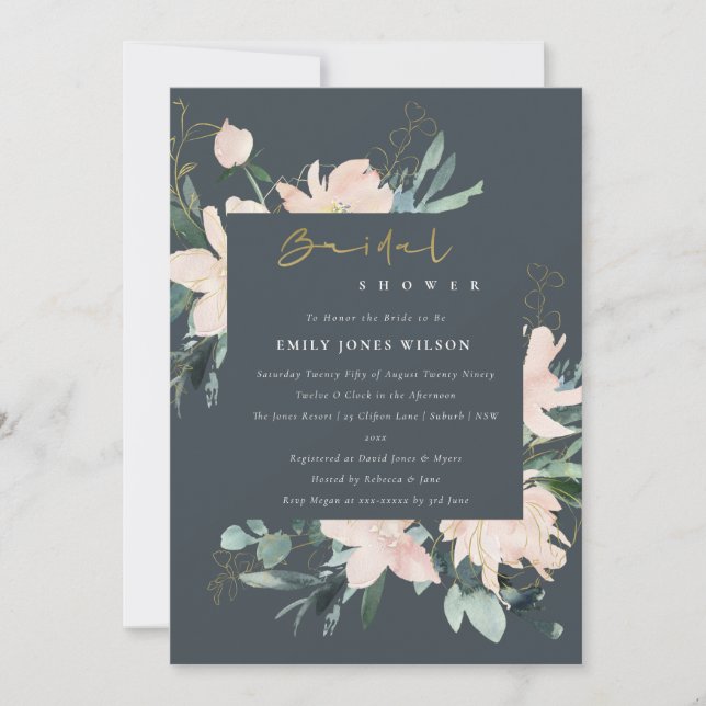 GREY BLUSH FLORAL FRAME WATERCOLOR BRIDAL SHOWER INVITATION (Front)