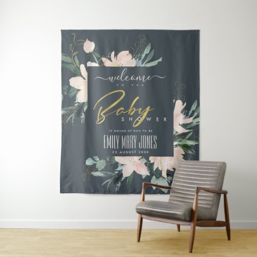 GREY BLUSH FLORAL WATERCOLOR BABY SHOWER WELCOME TAPESTRY
