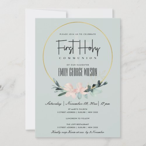 GREY BLUSH FLORAL WATERCOLOR FIRST HOLY COMMUNION INVITATION