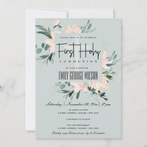 GREY BLUSH FLORAL WATERCOLOR FIRST HOLY COMMUNION INVITATION