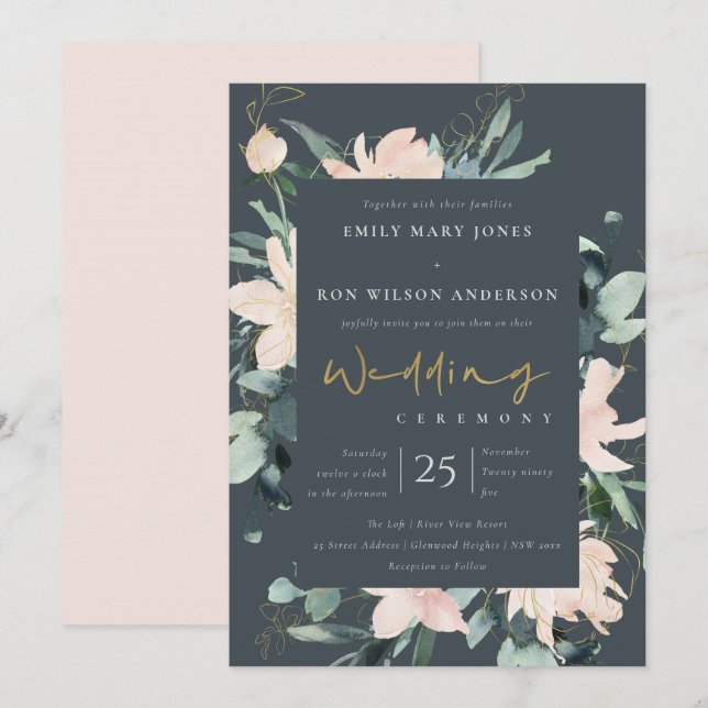 GREY BLUSH FLORAL WREATH INK WATERCOLOR WEDDING INVITATION (Front/Back)