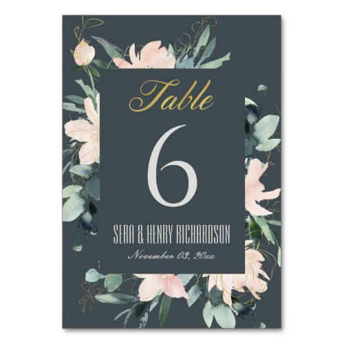 GREY BLUSH GOLD FLORAL FRAME WATERCOLOR WEDDING TABLE NUMBER