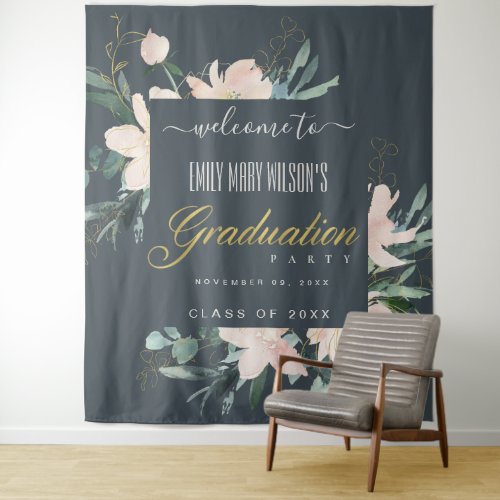 GREY BLUSH GOLD FLORAL GRADUATION PARTY WELCOME TAPESTRY