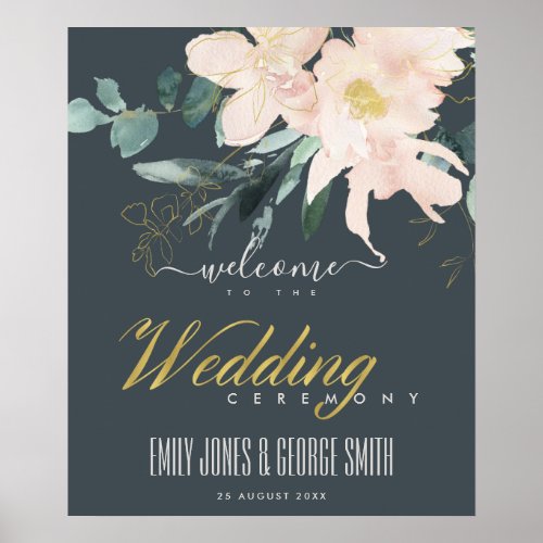 GREY BLUSH GOLD FLORAL WATERCOLOR WEDDING WELCOME POSTER