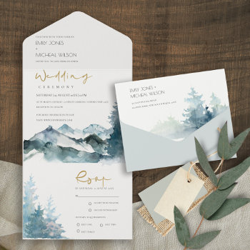 Grey Blush Green Blue Mountains Pine Wedding All In One Invitation by YellowFebPaperie at Zazzle