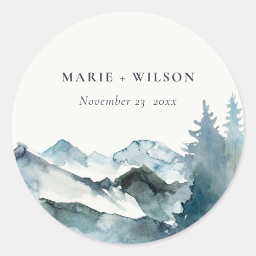 Grey Blush Green Blue Mountains Pine Wedding Classic Round Sticker