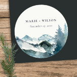 Grey Blush Green Blue Mountains Pine Wedding Classic Round Sticker<br><div class="desc">If you need any further customisation please feel free to message me on yellowfebstudio@gmail.com.</div>