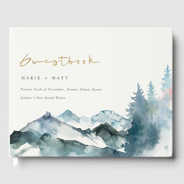 Grey Blush Green Blue Mountains Pine Wedding Guest Book (Front)
