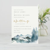 Grey Blush Green Blue Mountains Pine Wedding Invitation (Standing Front)
