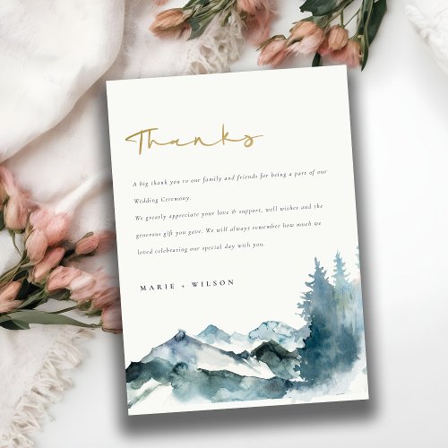 Grey Blush Green Blue Mountains Pine Wedding Thank You Card