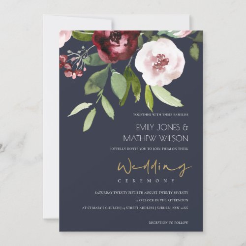 GREY BLUSH PINK BURGUNDY PEONY FLORAL WEDDING INVITATION