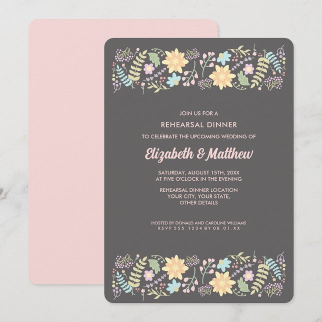 Grey Blush Pink Modern Floral Rehearsal Dinner Invitation (Front/Back)