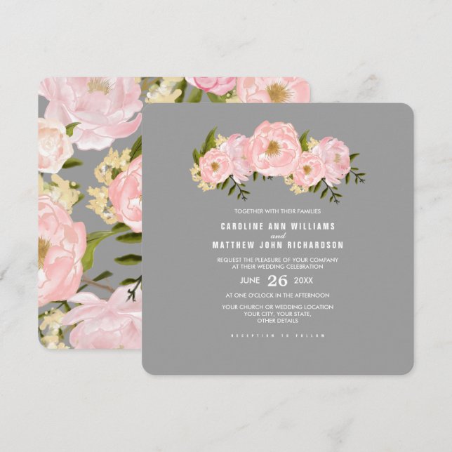 Grey | Blush Pink Peonies Watercolor Wedding Invitation (Front/Back)