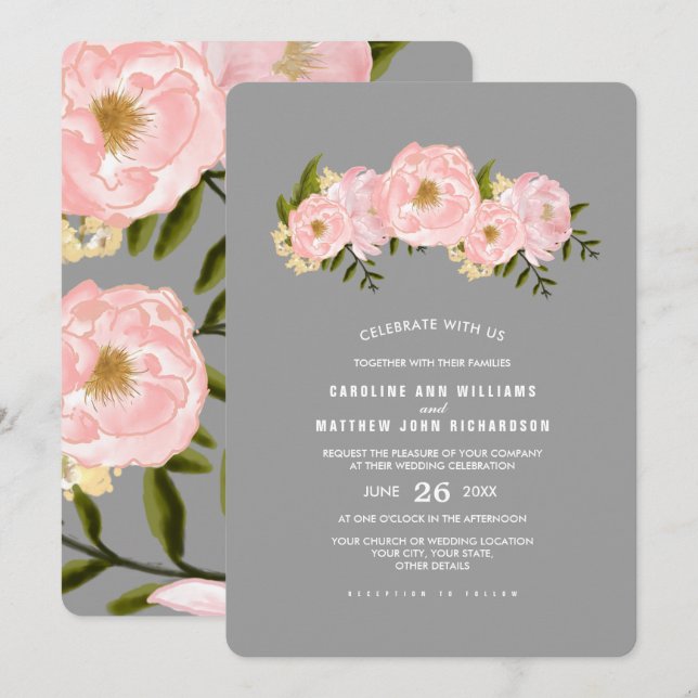Grey | Blush Pink Peonies Watercolor Wedding Invitation (Front/Back)