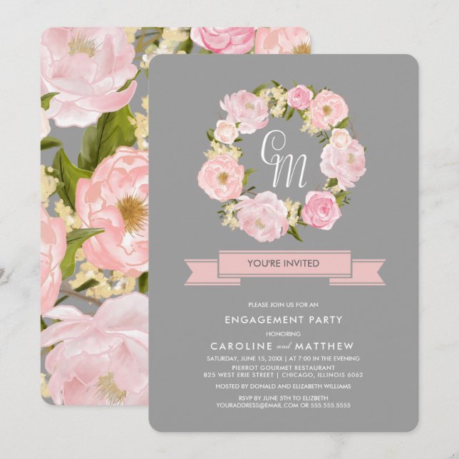 Grey | Blush Pink Peony Wreath Engagement Party  Invitation (Front/Back)
