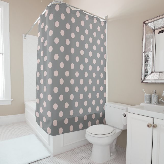 Grey & Blush Pink Polka Dots Dot Modern Shower Curtain (In Situ)