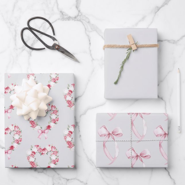 Grey Blush Pink Rose Floral Heart Bridal Shower   Wrapping Paper Sheets (Front)