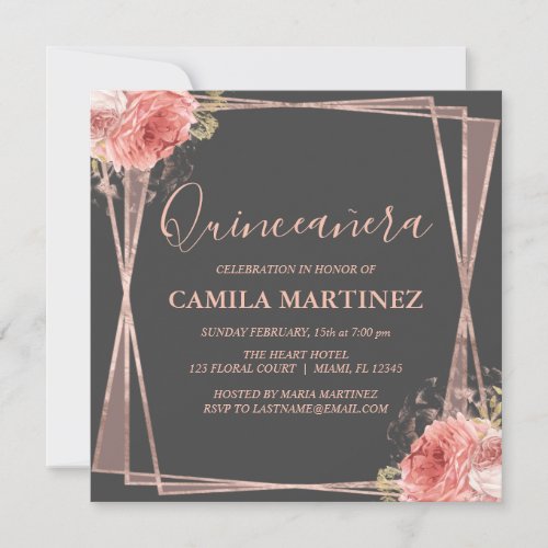 Grey Blush Pink Rose Gold Quinceanera Party Invitation