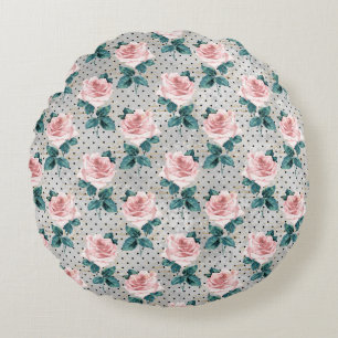 Grey Blush Pink Roses Floral Dots Round Pillow