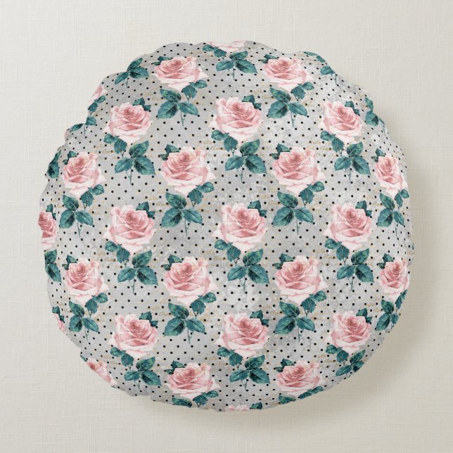 Grey Blush Pink Roses Floral Dots Round Pillow (Front)